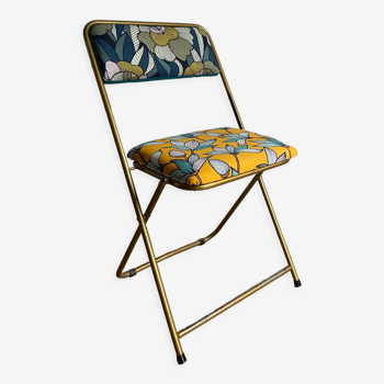 Chaise pliante vintage lafuma revisitée tissus fleuri jaune et bleu