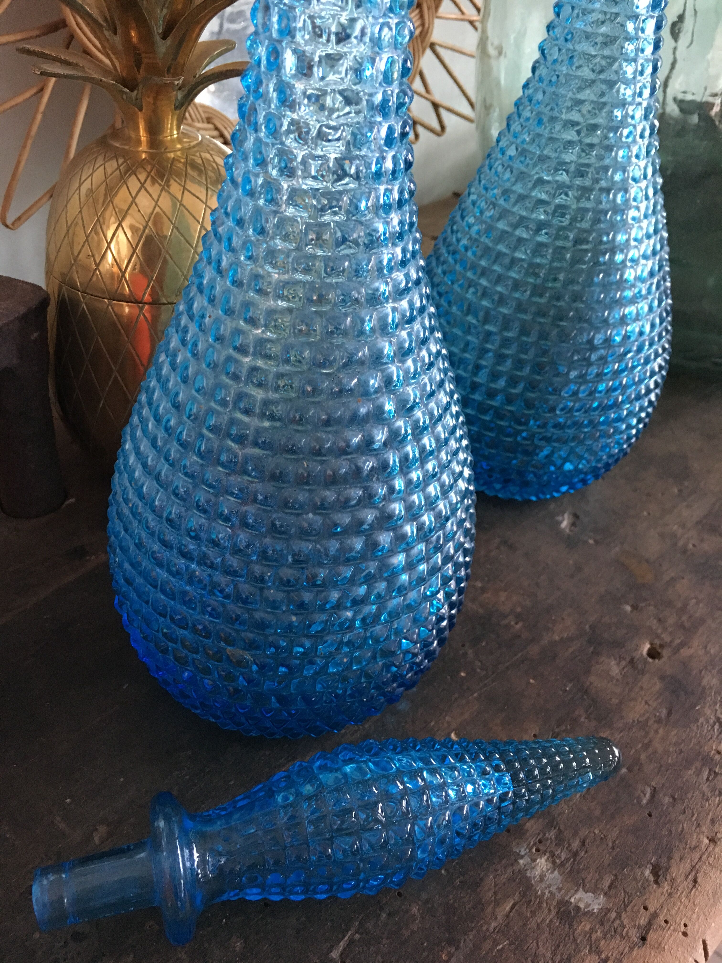 Turquoise blue textured glass carafe
