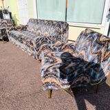 3-seater sofa + 2 vintage armchairs in multicoloured fabric retro design