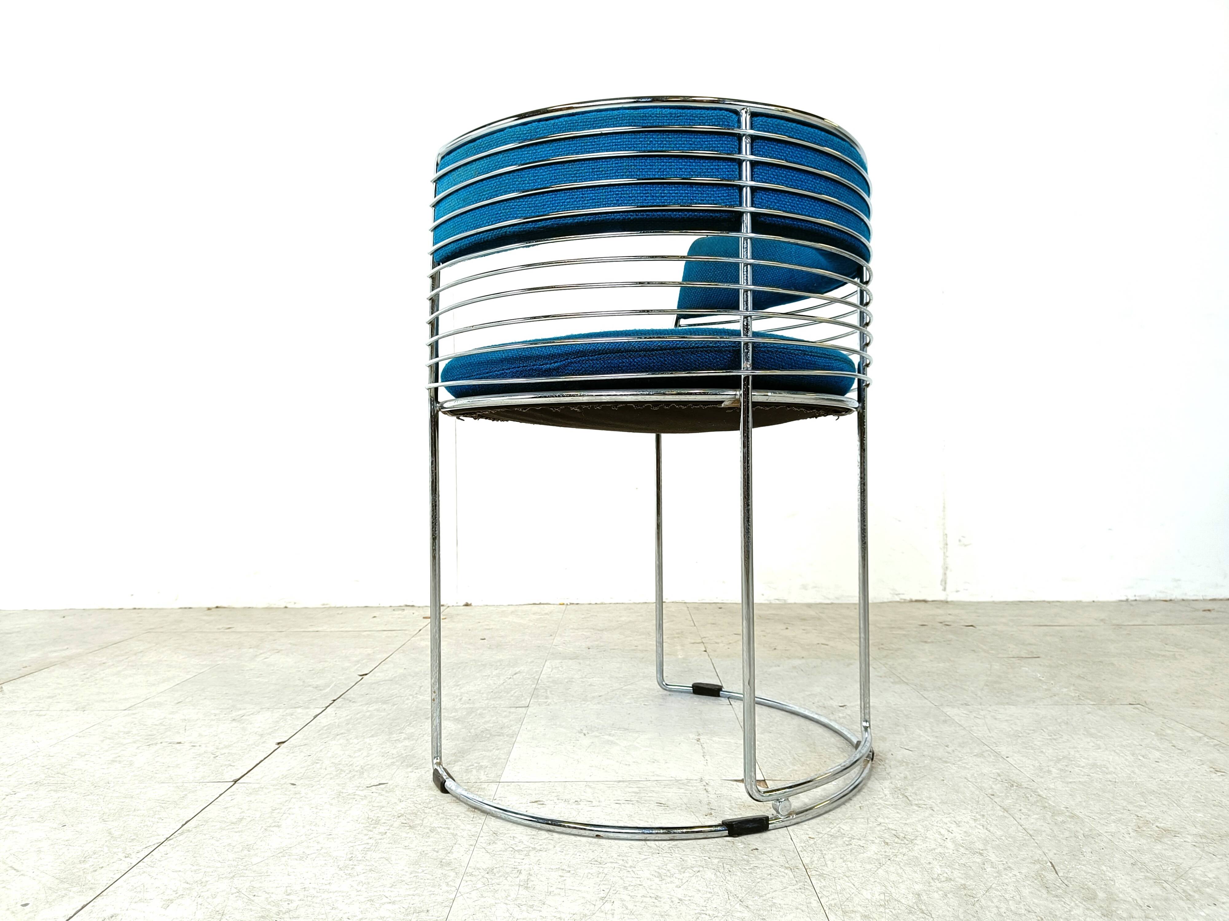 Set of 6 chrome wire and blue fabric dining chairs, 1970s