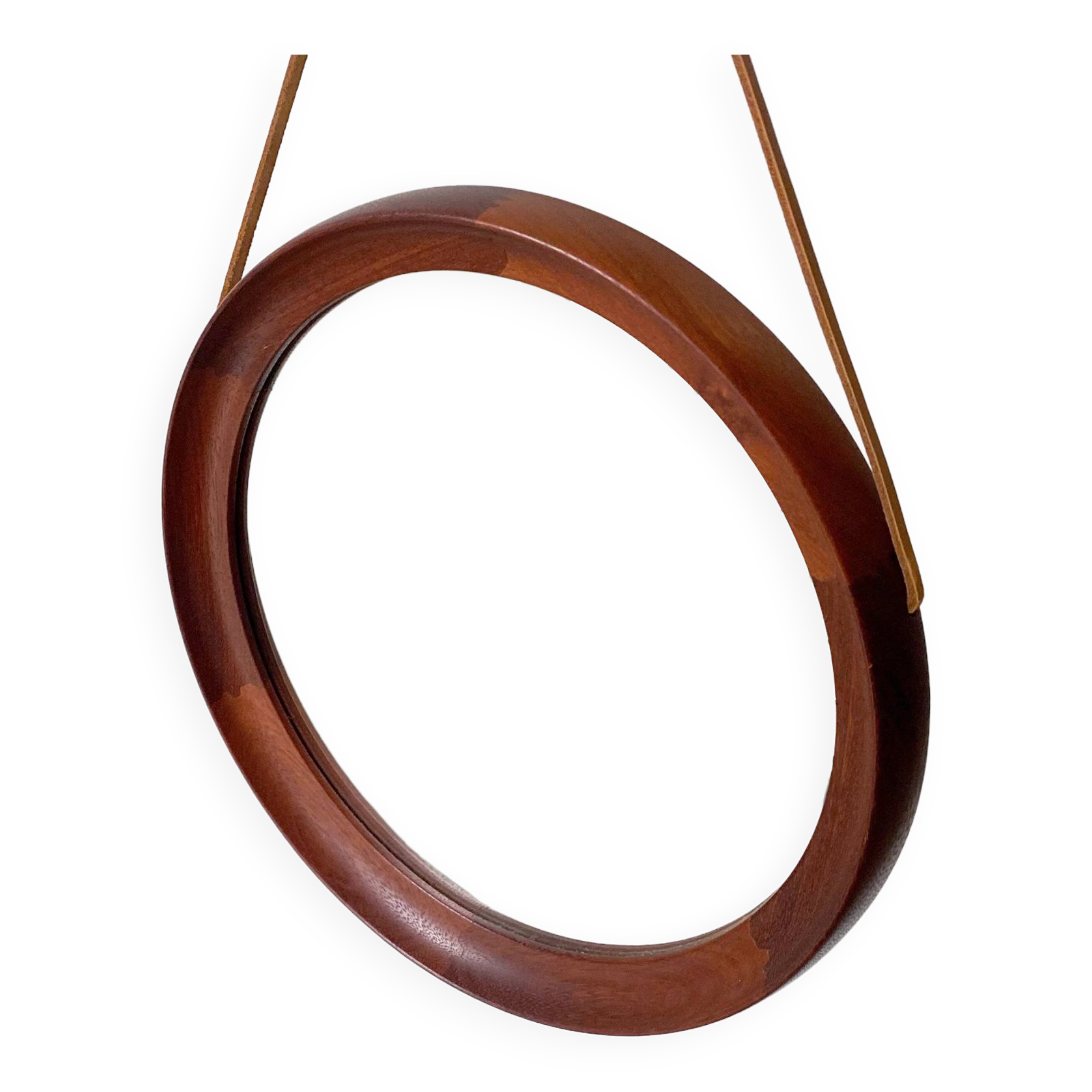 Mid Century solid teak wall mirror with a leather strap - Danish design