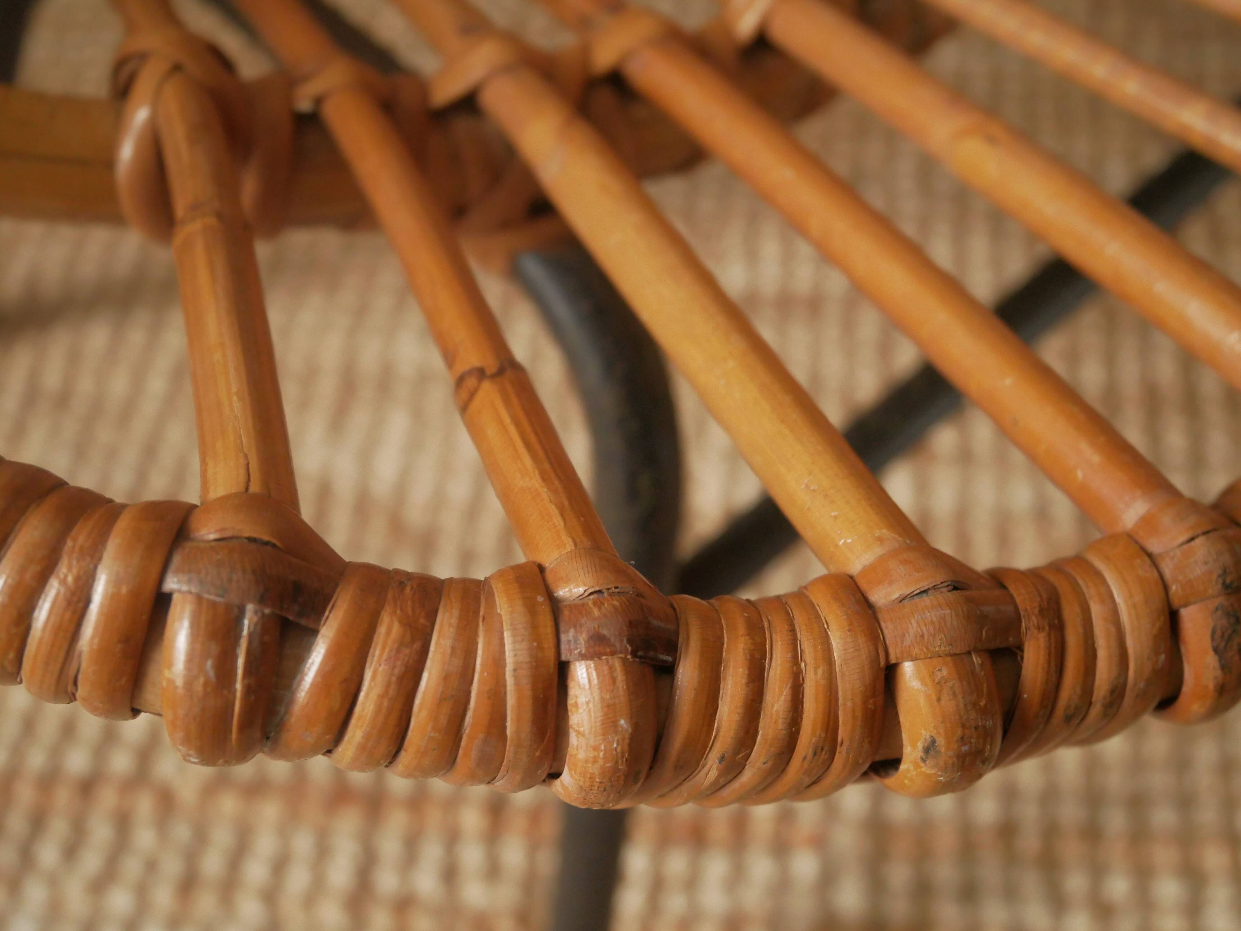 Vintage bamboo wicker rattan armchair Scandinavian decoration child retro chair black metal base