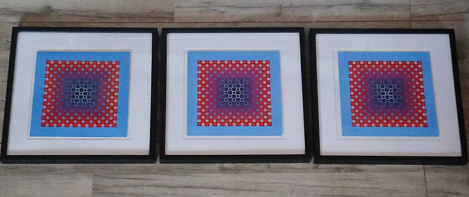 Trio Vintage Optical Art Tableaux - Victor Vasarely - Frames 40x40cm