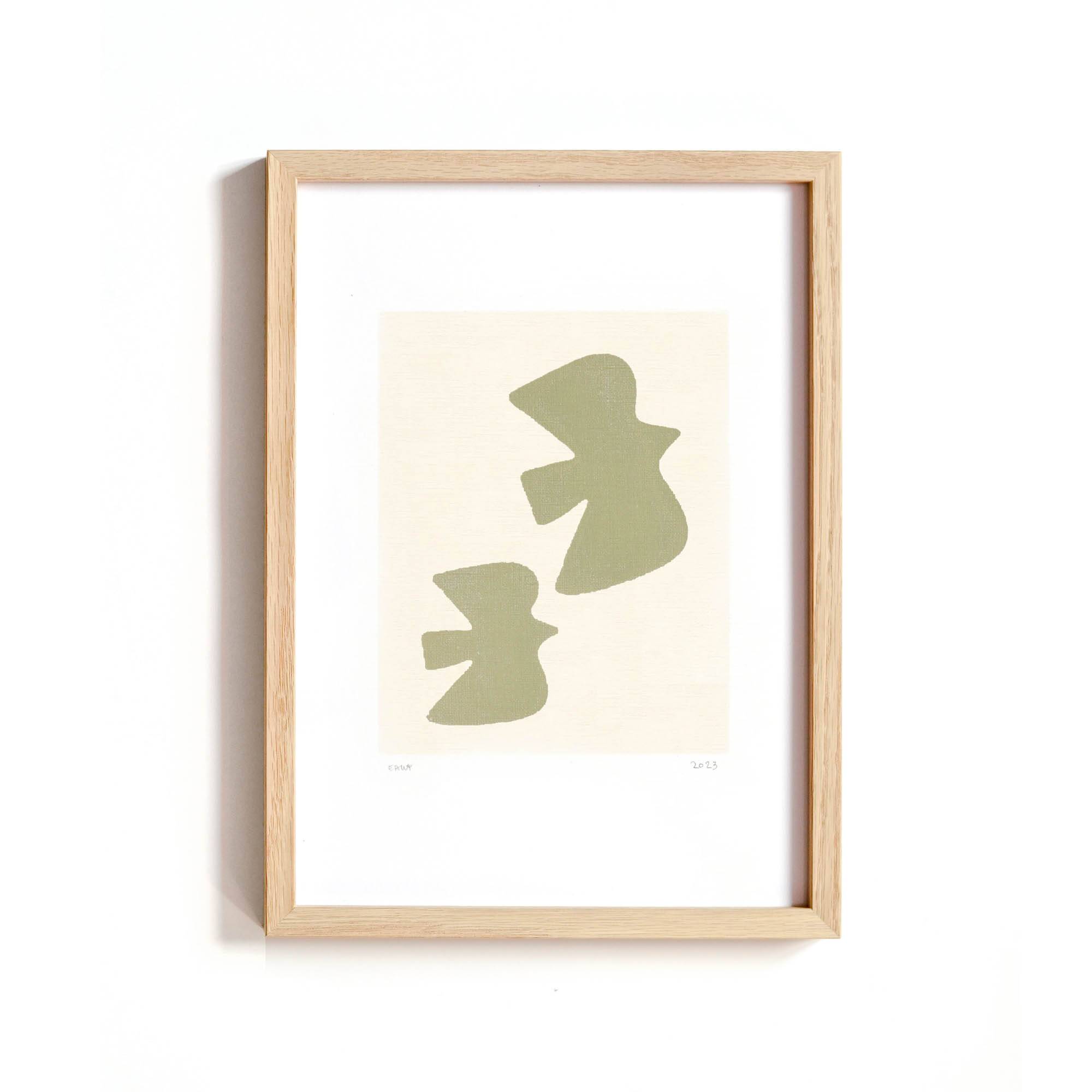 Painting - birds - sage green col. - signed Eawy