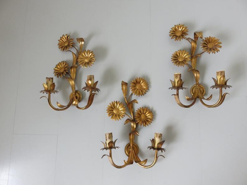 Series of 3 flower appliques "sunflowers" in 70s gold metal
