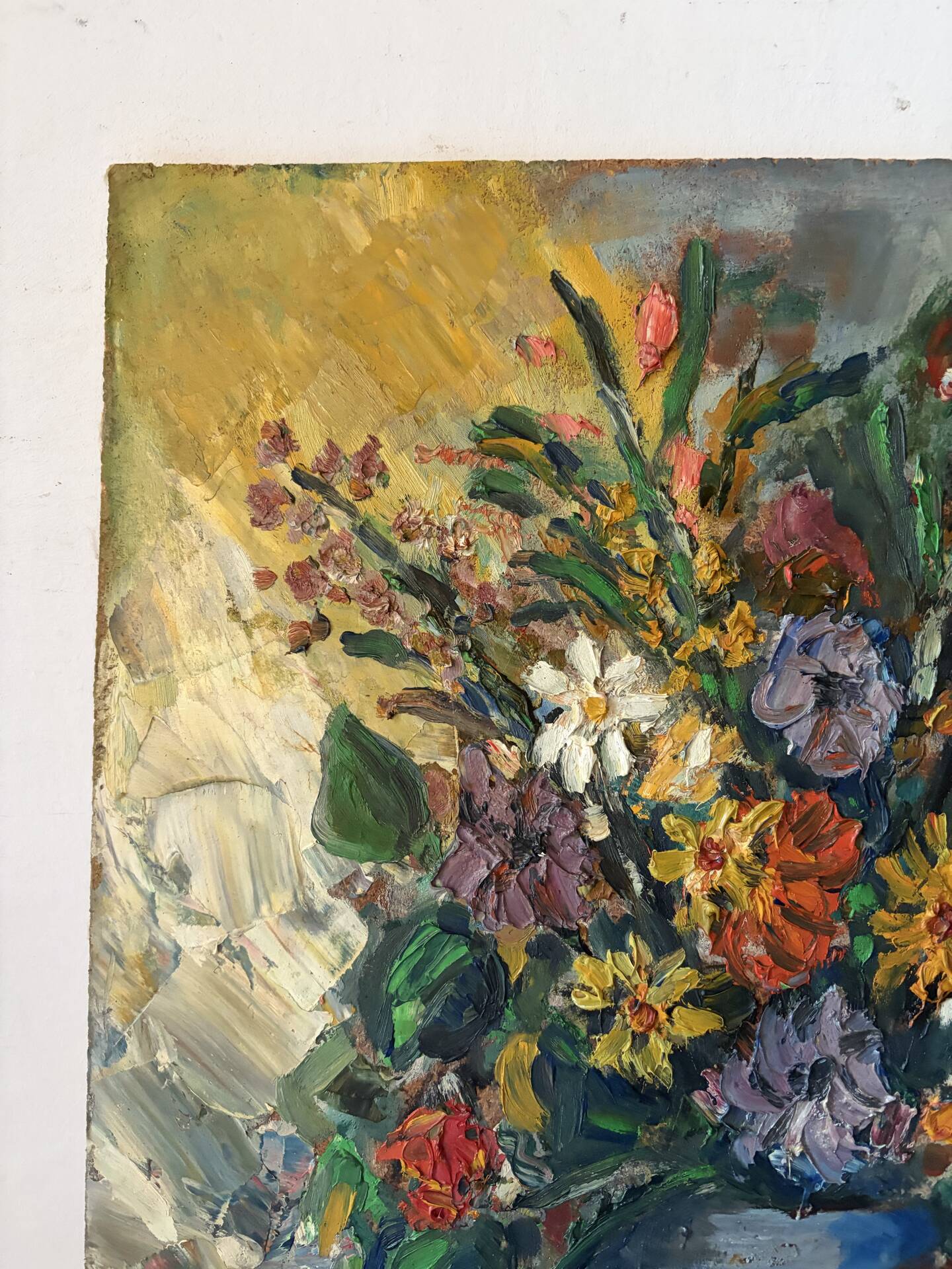 Still life, bouquet, oil with a knife on panel, signed.