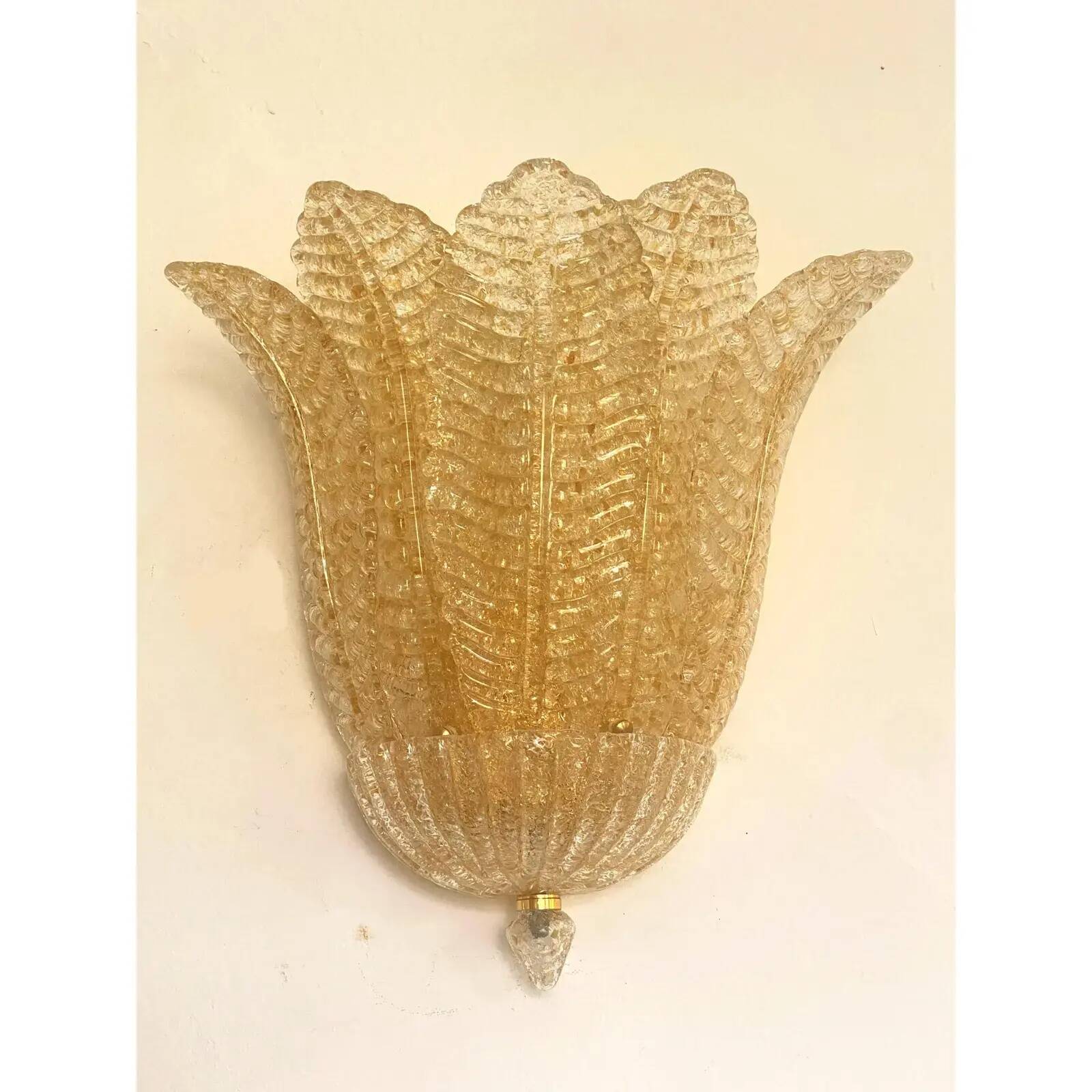 Set of Four Venetian Gold Graniglia “Leaf” Murano Glass Wall Sconcess