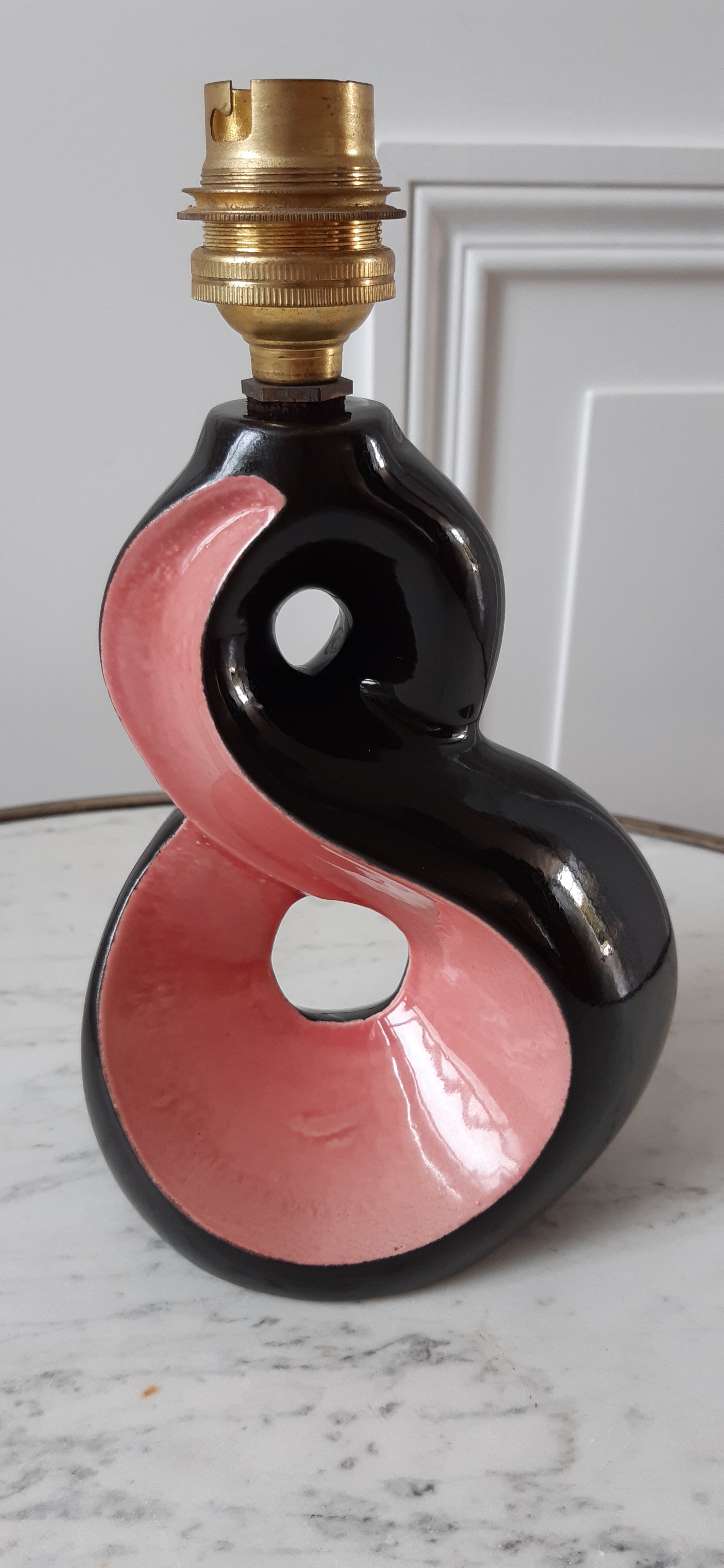 Lamp foot in pink and black ceramic design Vallauris 70s