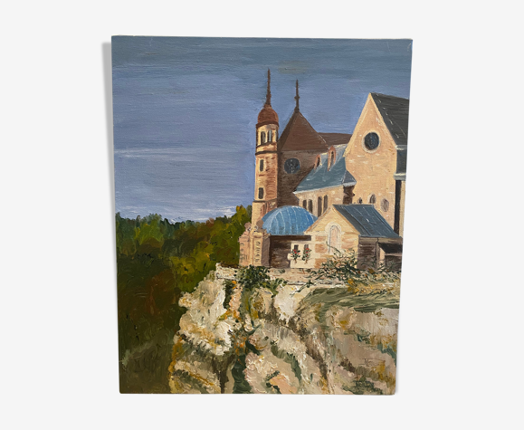 Huile sur toile village perché avec église
