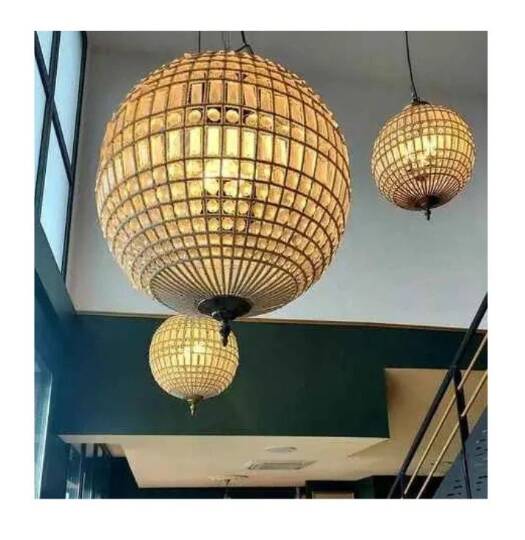 Spherical pendant light with crystal tassels and seed beads / vintage.