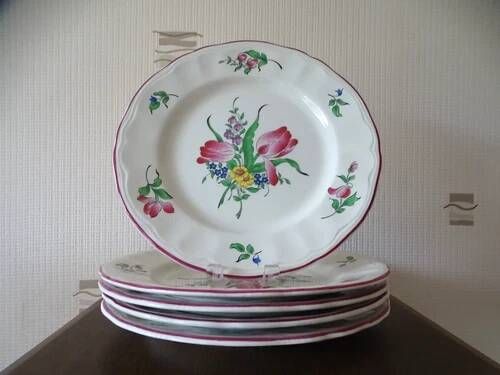 Kg luneville "réverbère" 5 flat plates earthenware hand-painted flowers ø25.5 cm