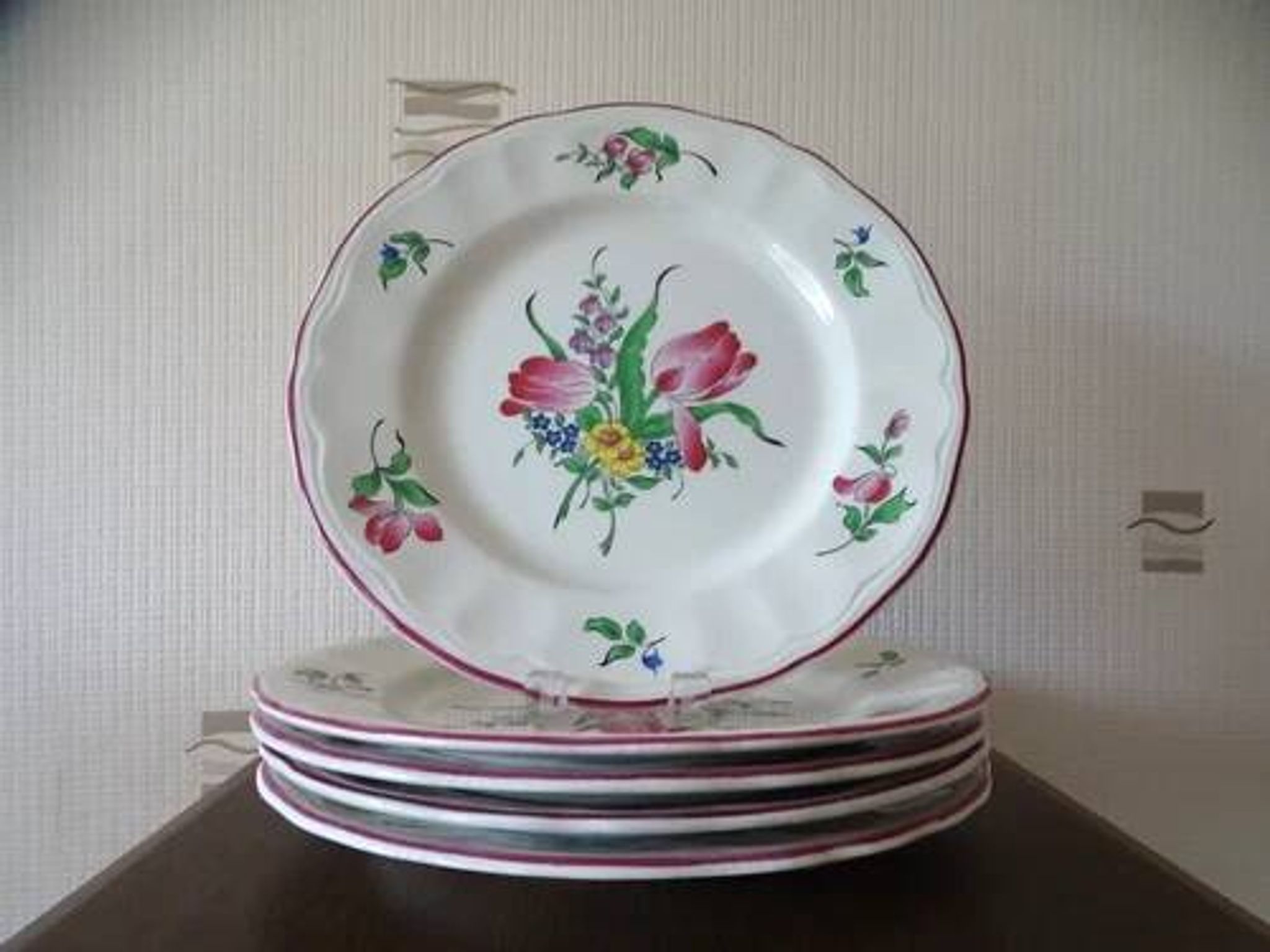 Kg luneville "réverbère" 5 flat plates earthenware hand-painted flowers ø25.5 cm
