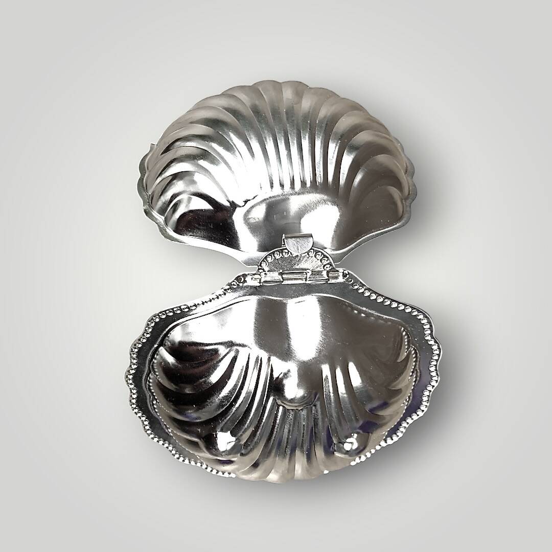 Vintage stainless steel and cobalt blue glass shell butter dish with box + knife