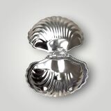 Vintage stainless steel and cobalt blue glass shell butter dish with box + knife