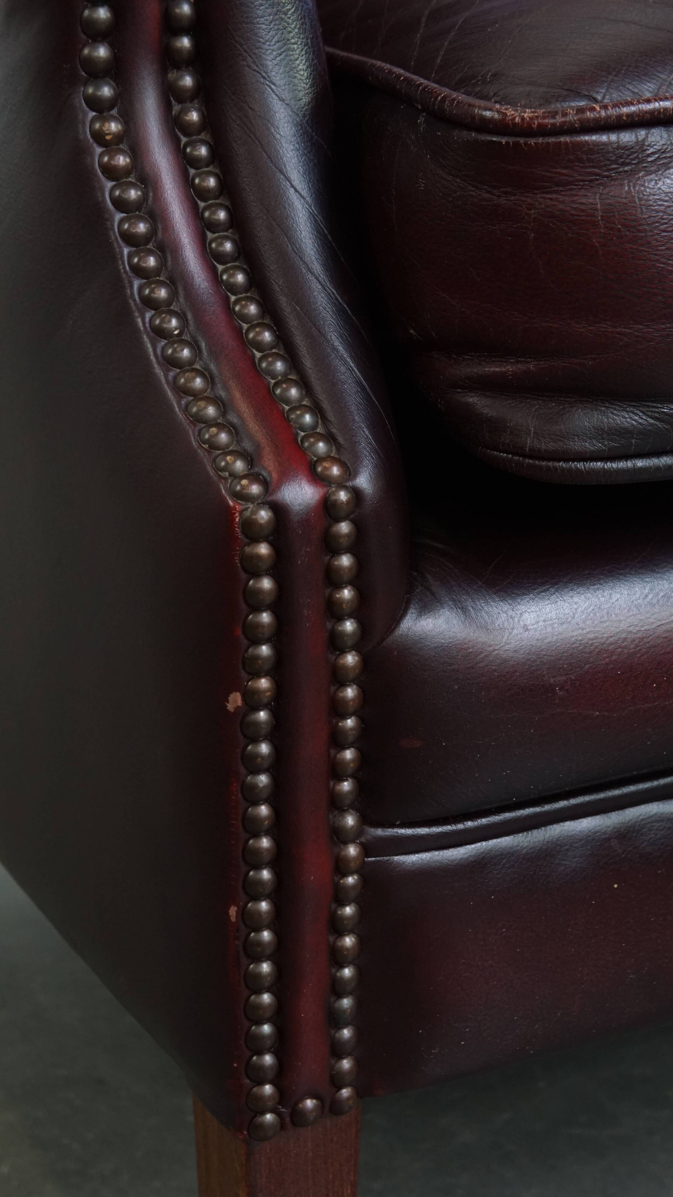Bordeaux Red Cowhide Wingback Chair in English Style