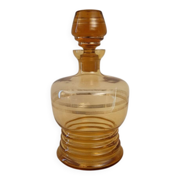 Carafe vintage en verre ambré à liserés dorés – années 1950