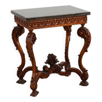 Table d'appoint en noyer sculpté de style Napoléon III avec plateau en pierre bleue, France vers.