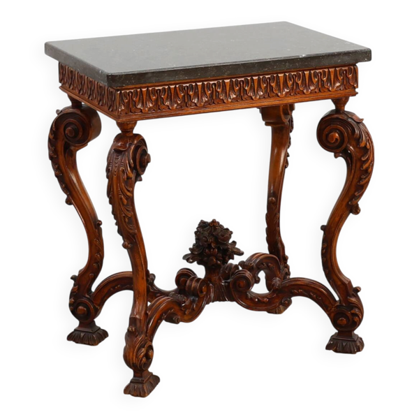 Table d'appoint en noyer sculpté de style Napoléon III avec plateau en pierre bleue, France vers.