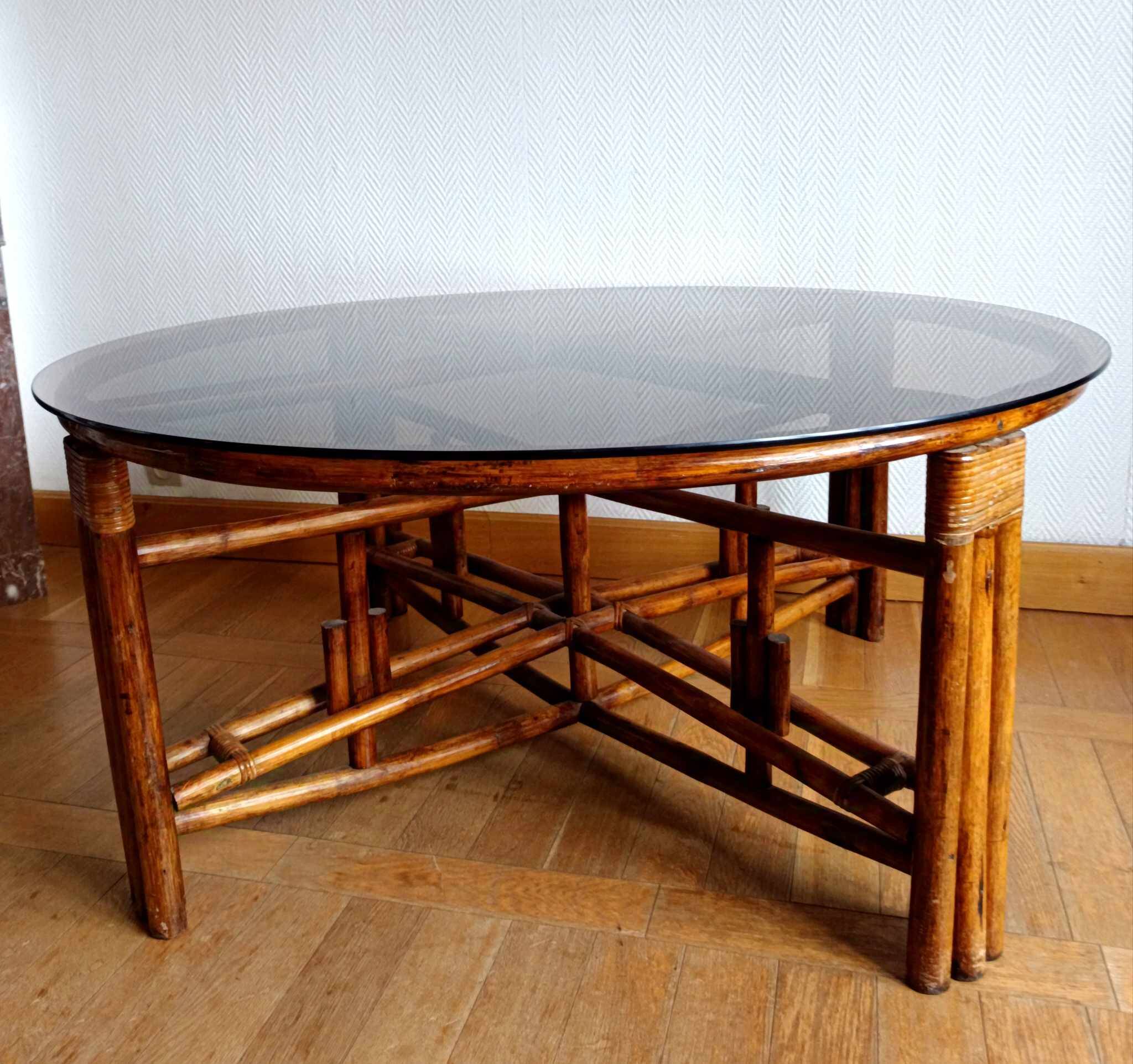 Vintage rattan and smoked glass coffee table from the 1970s