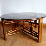 Vintage rattan and smoked glass coffee table from the 1970s
