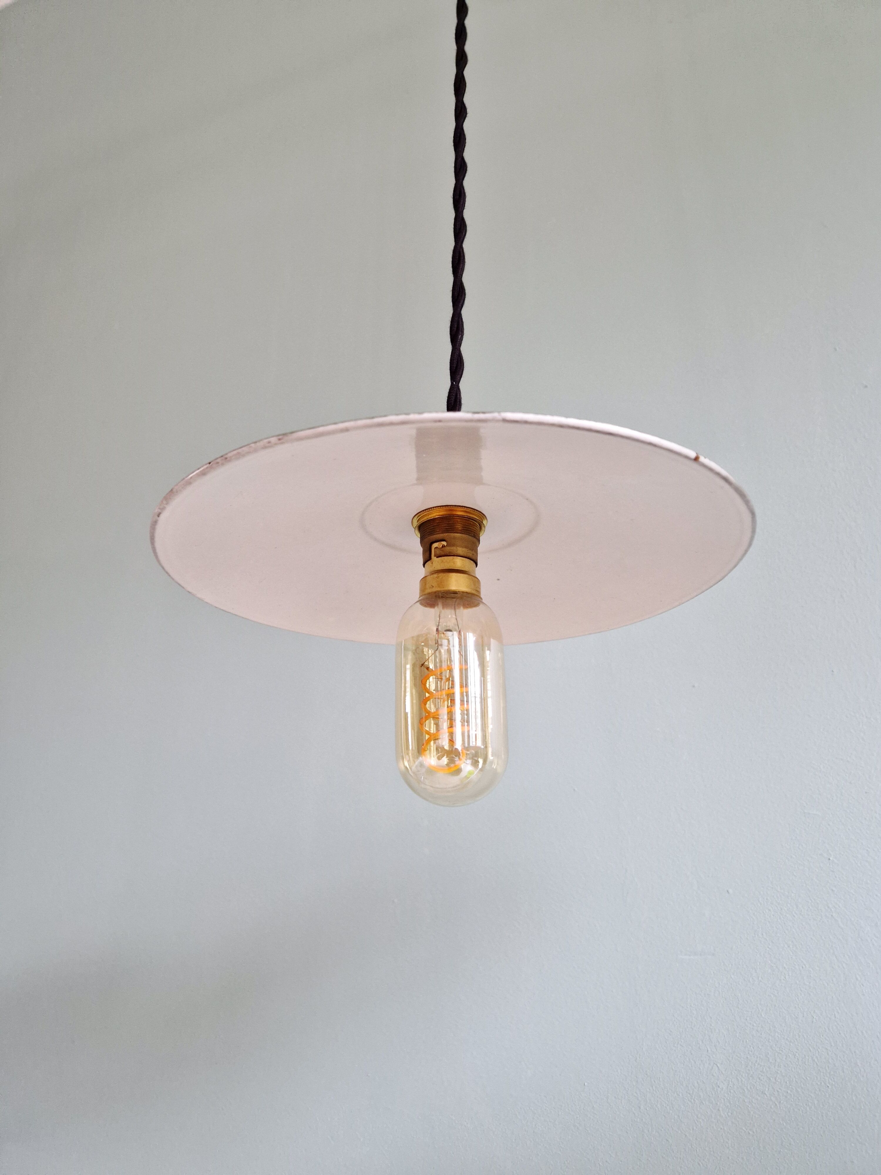 Trio of large industrial suspensions in green enamelled sheet metal.