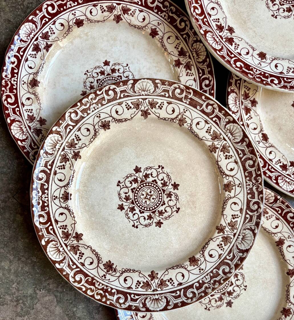 Oval dish and 6 flat plates Jules Vieillard - Bordeaux in iron earth