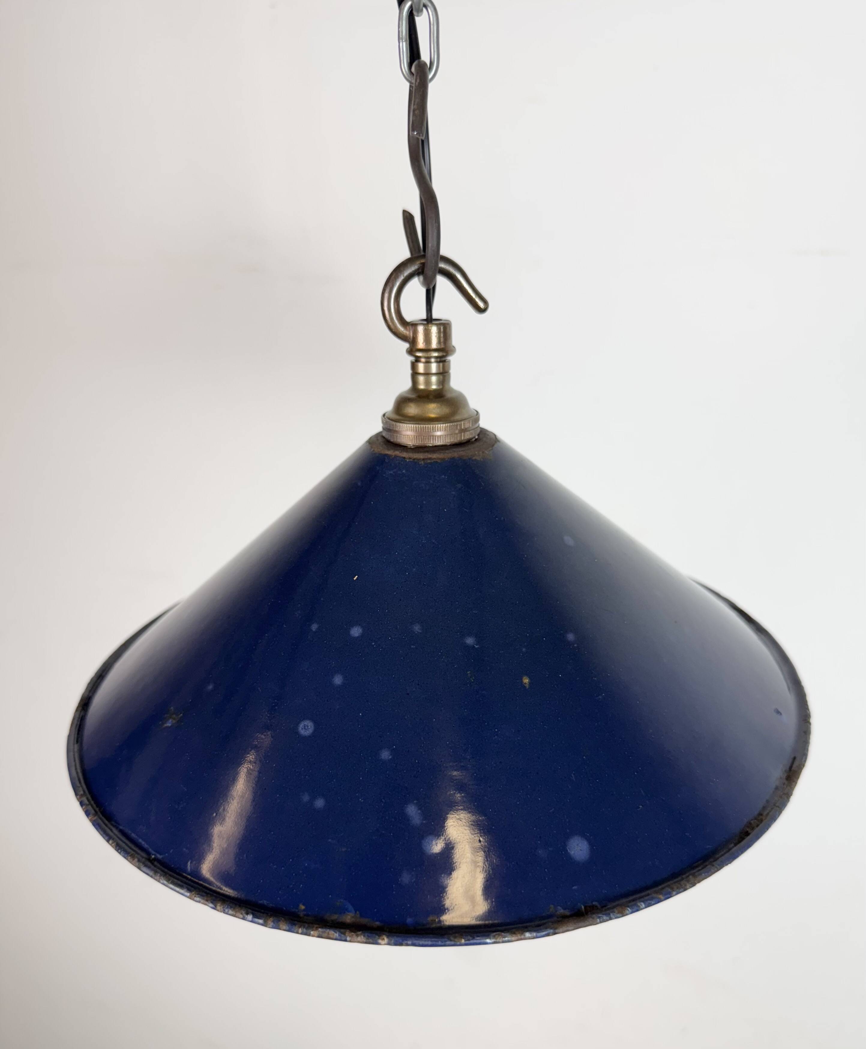 Industrial British Dark Blue Enamel Factory Pendant Lamp, 1950s