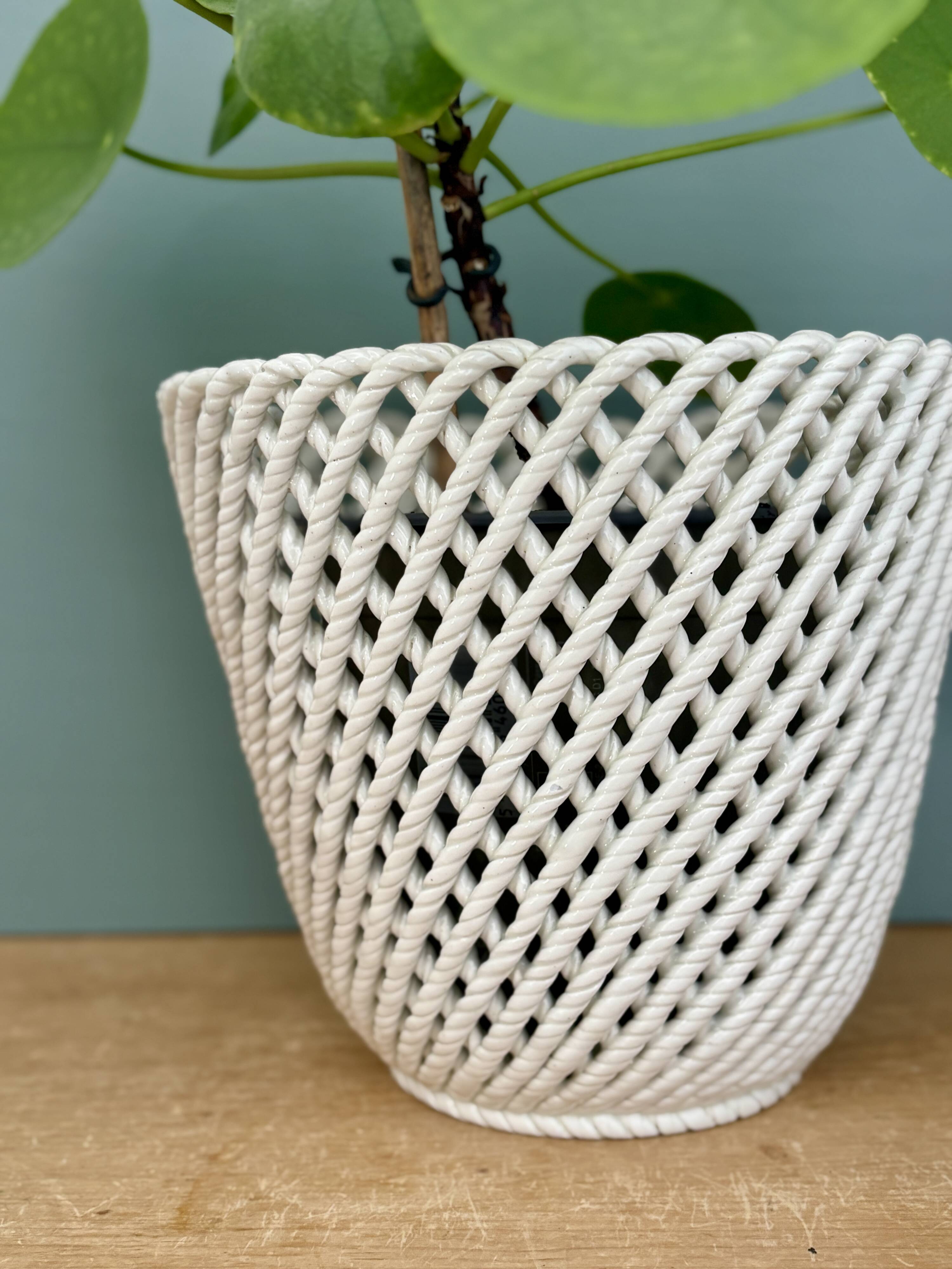 Vintage woven ceramic plant pot