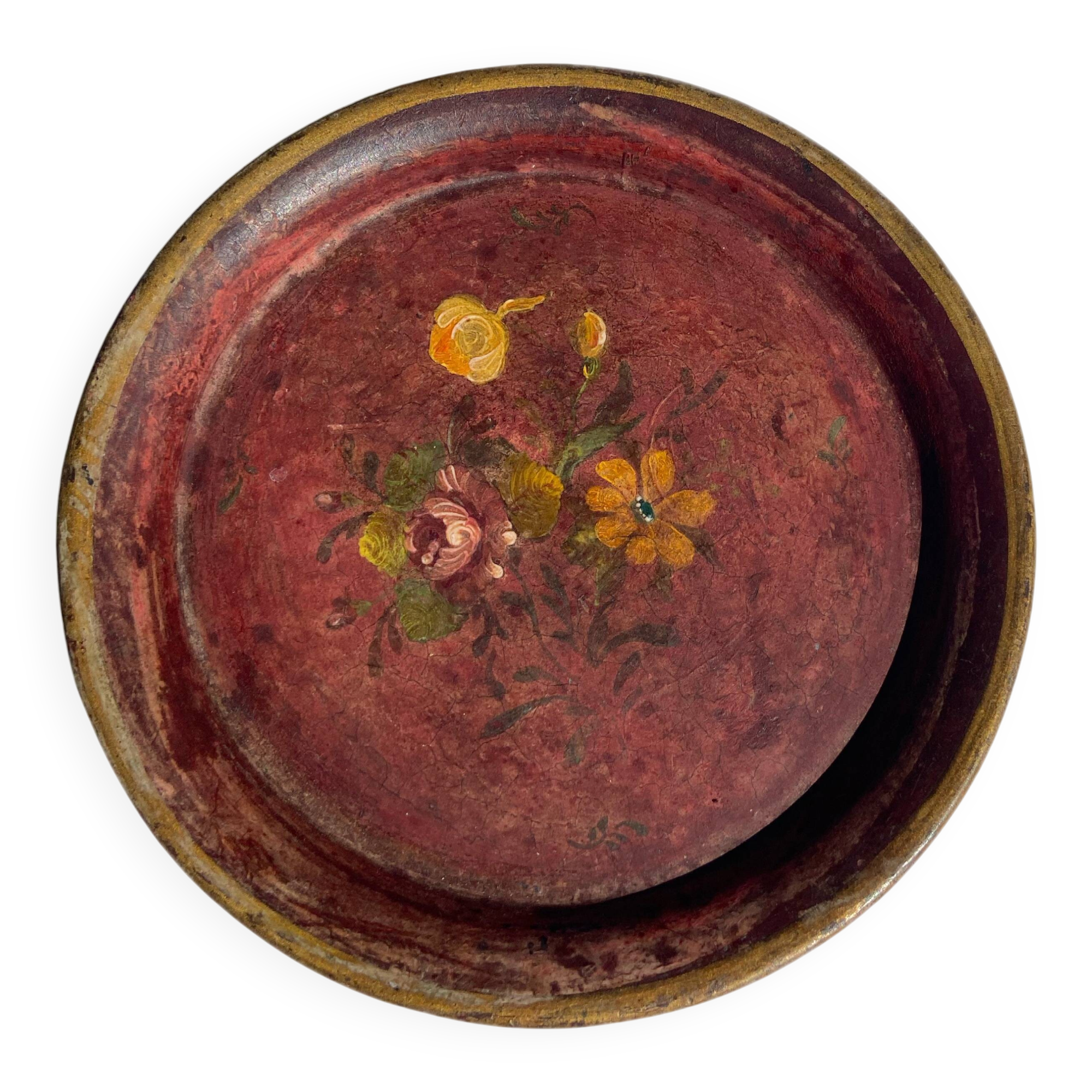 Small antique lacquered dish with hand-painted floral decoration.