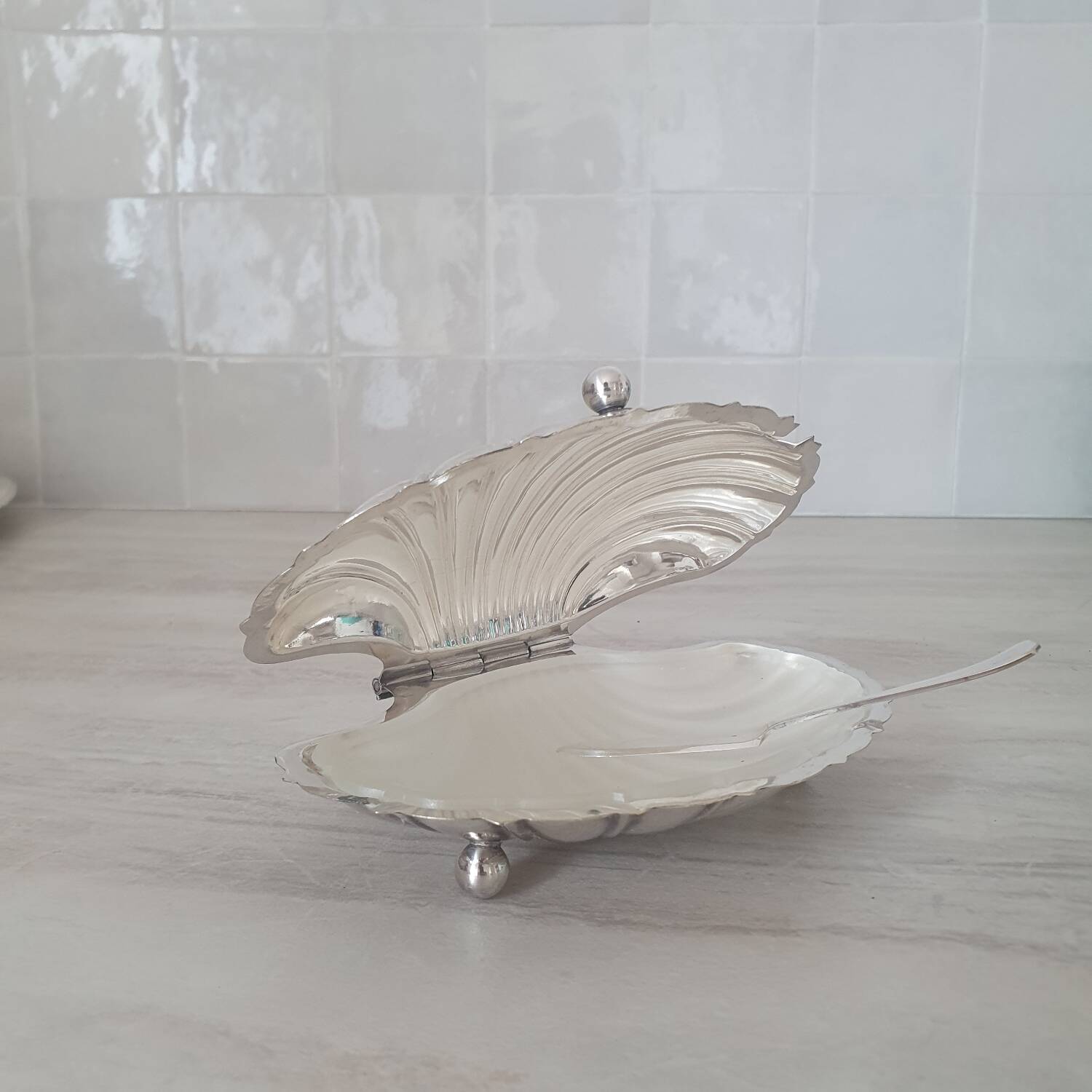 Deschamps Freres butter dish with silver-plated metal shell and V-shaped bowl