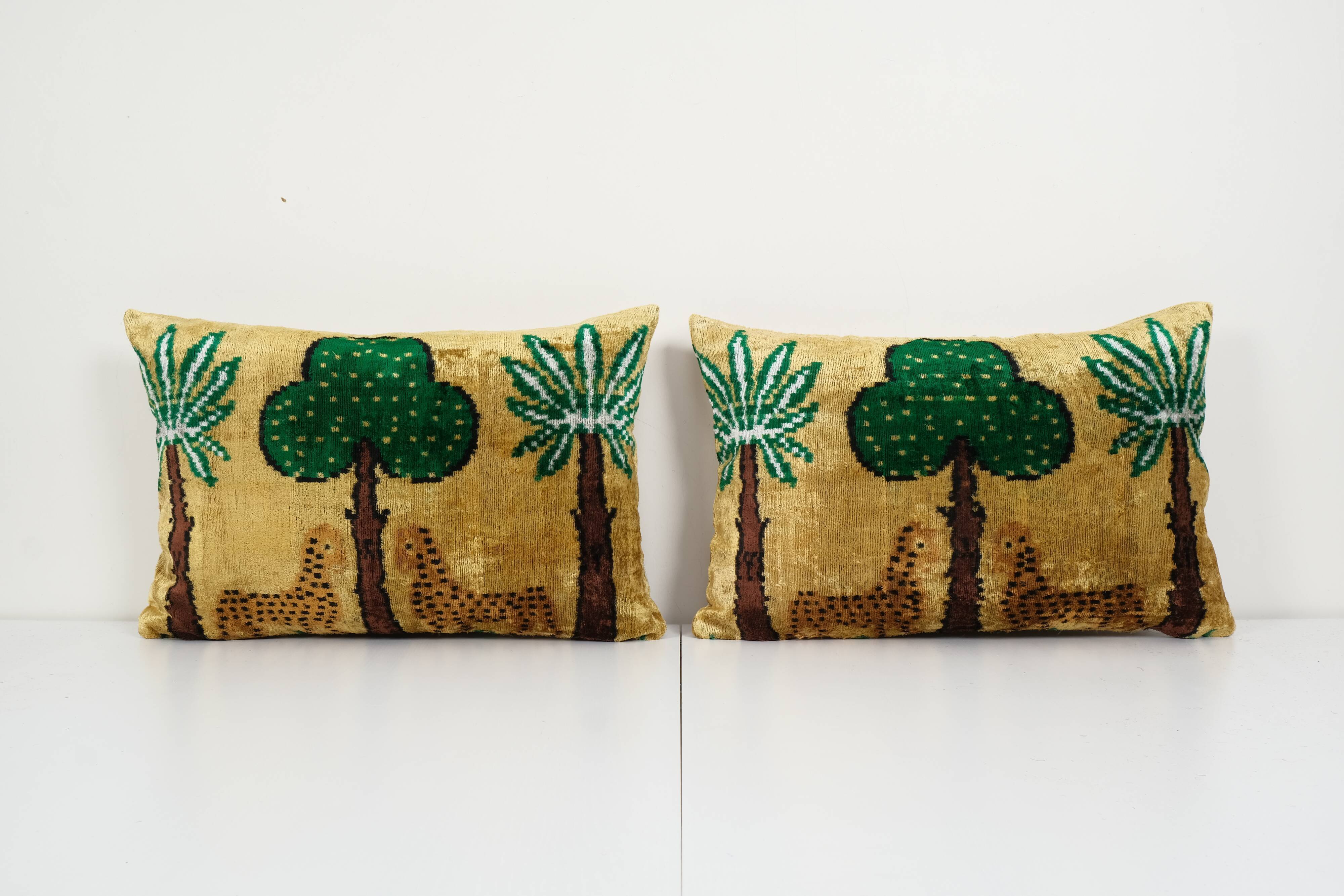 Tiger design ikat velvet pillow, set of two silk lumbar cushion cover, pair animal lumbar pillows, t