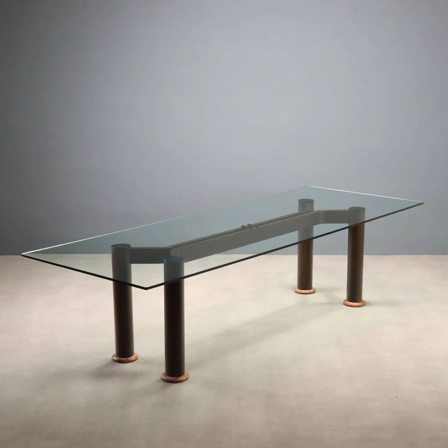 Large vintage table with a glass, wood, and marble top, Italy, 1980s.