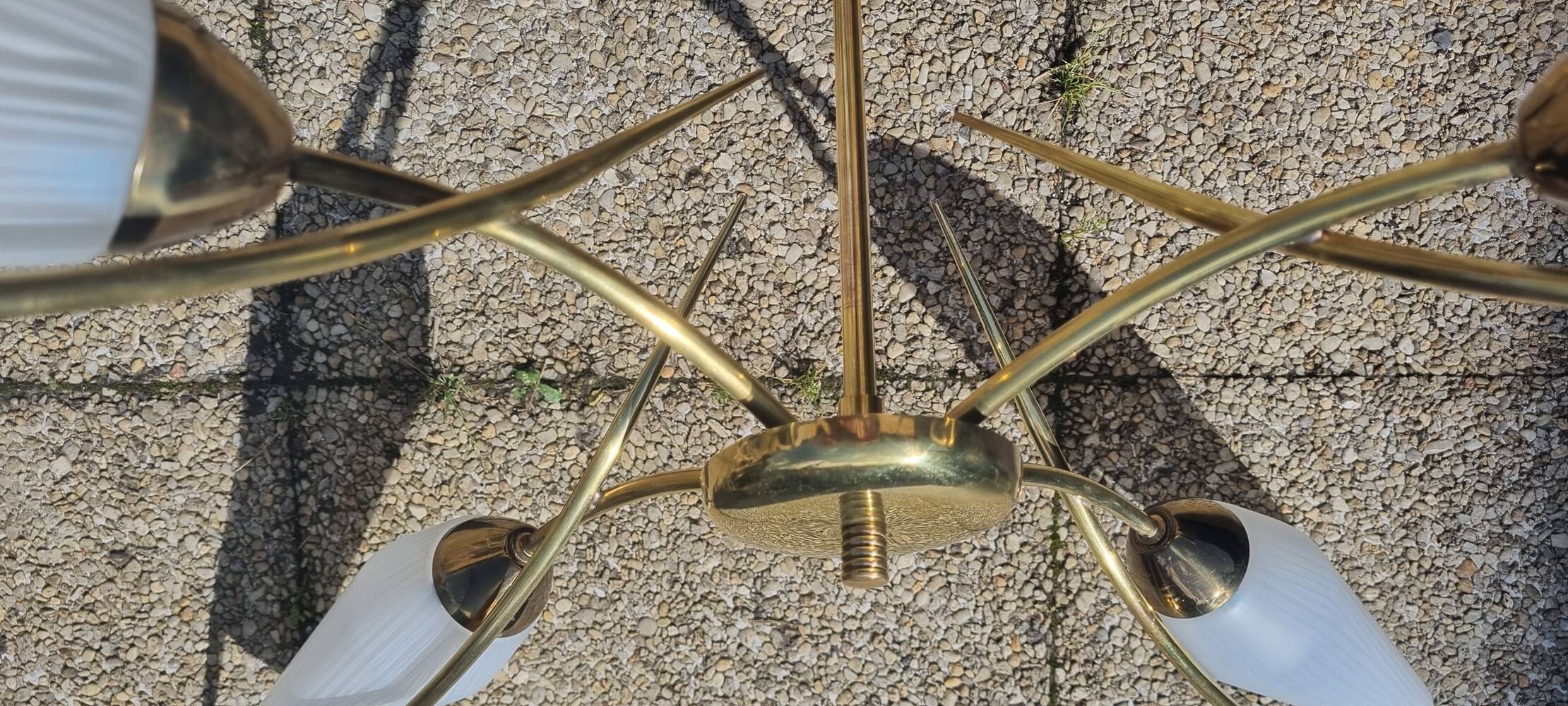 4-light pendant light, brass and opaline, Maison Lunel, Paris, vintage 1950s