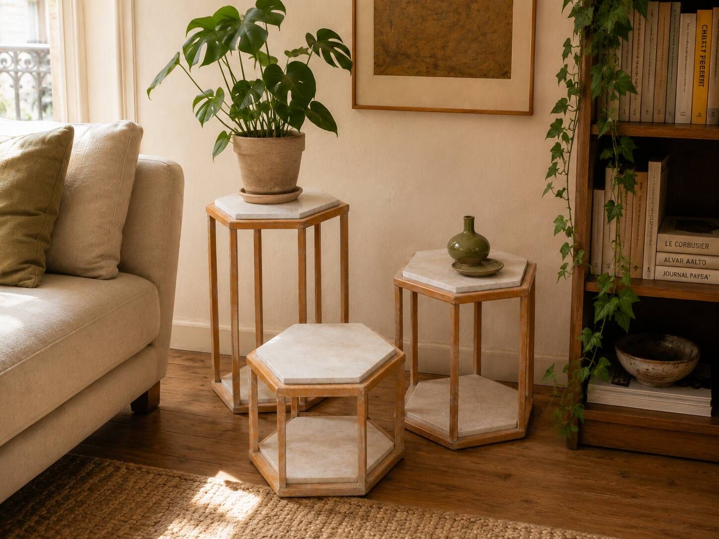 Set of 3 nesting tables in travertine and wood – Roche Bobois, 1970s