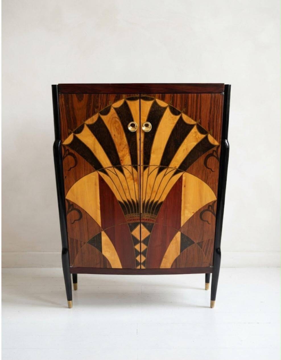 Art Deco cabinet with two doors, marquetry fan pattern in beech wood.