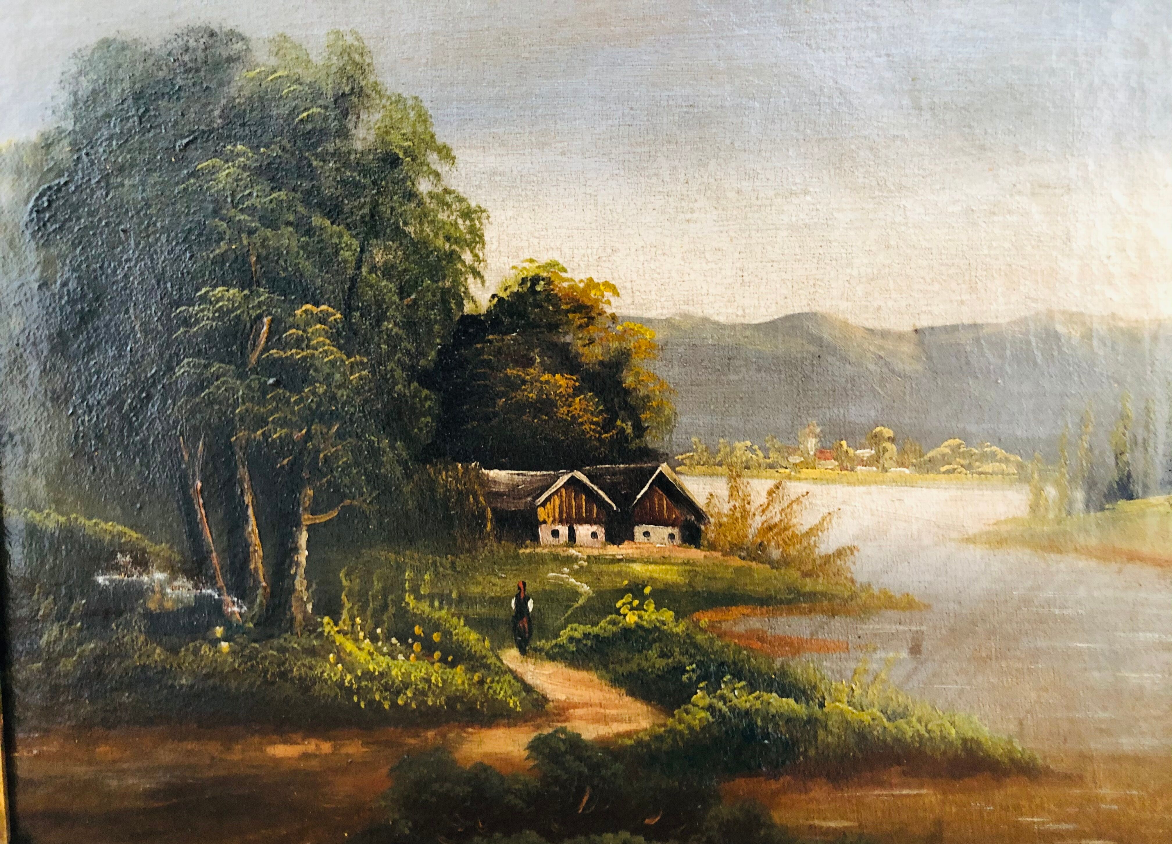 Huile sur toile, paysage bord de rivière