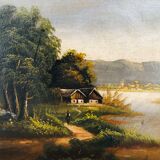 Oil on canvas, Riverside landscape