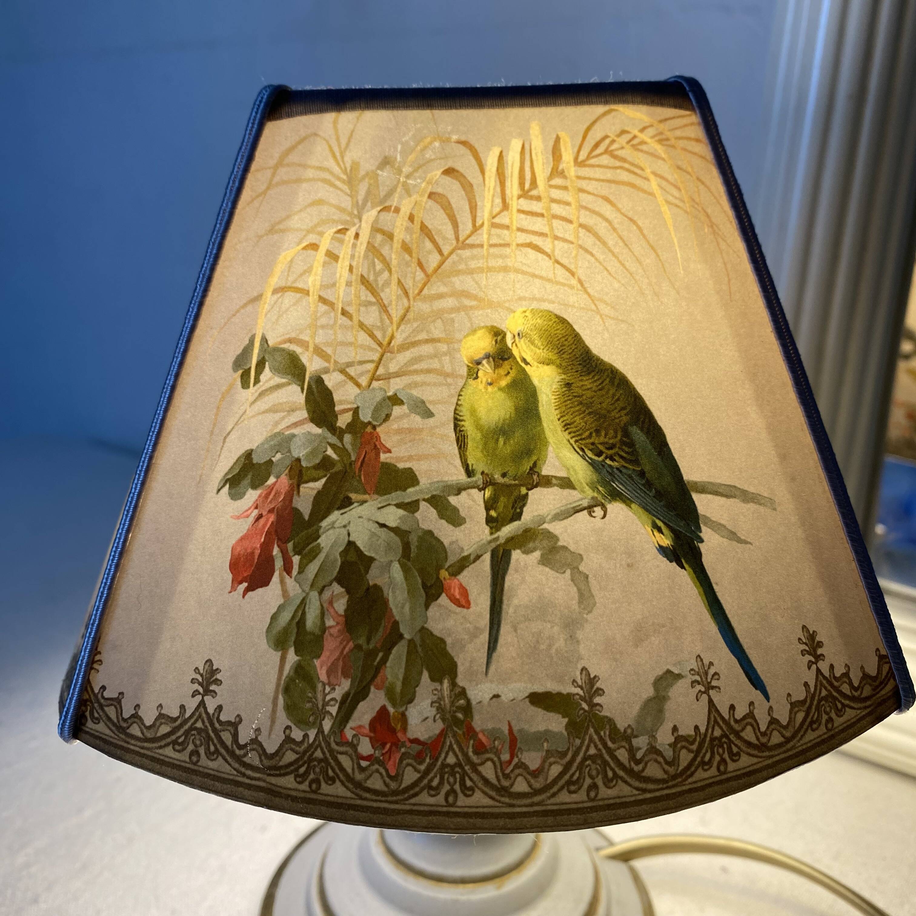 Vintage lamp, Tillier parakeets and sparrows lampshade