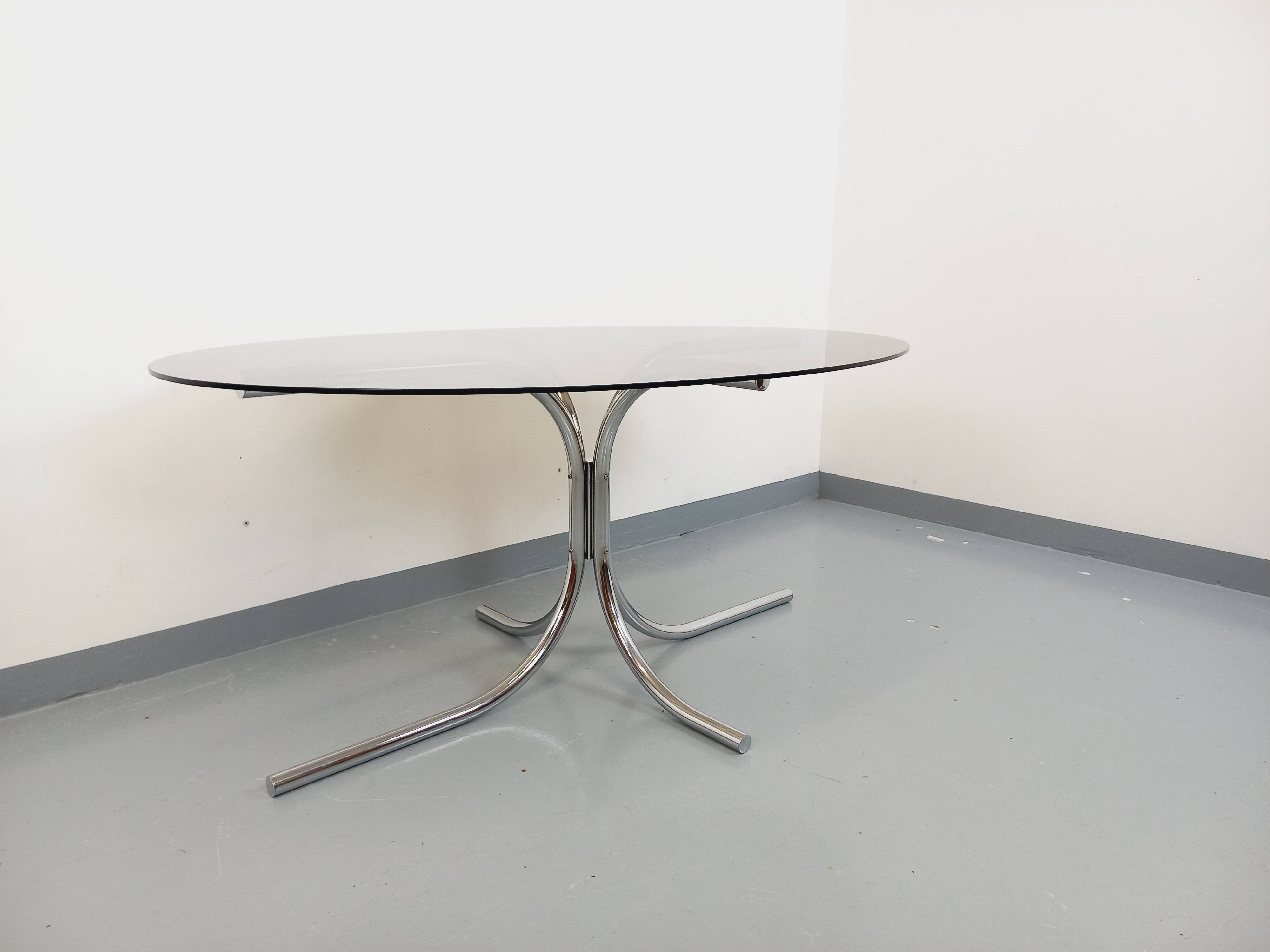 Vintage oval dining table in smoked glass and chrome metal