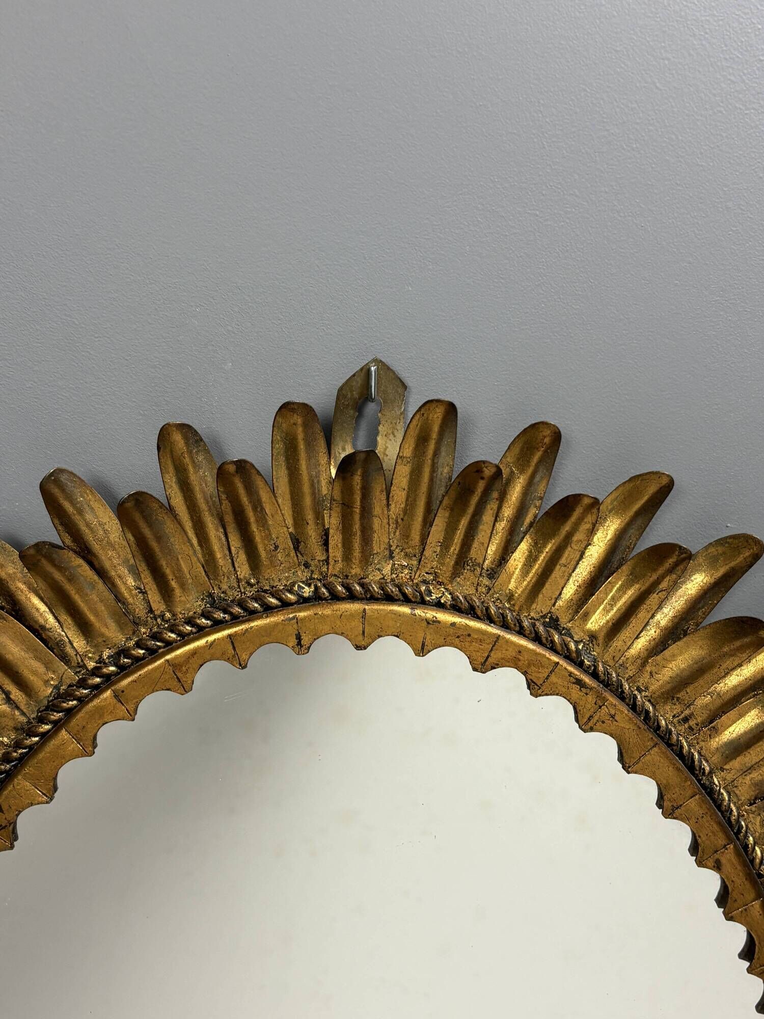 Midcentury bohemian Hollywood Regency Spanish gilt metal sun mirror, 1960s