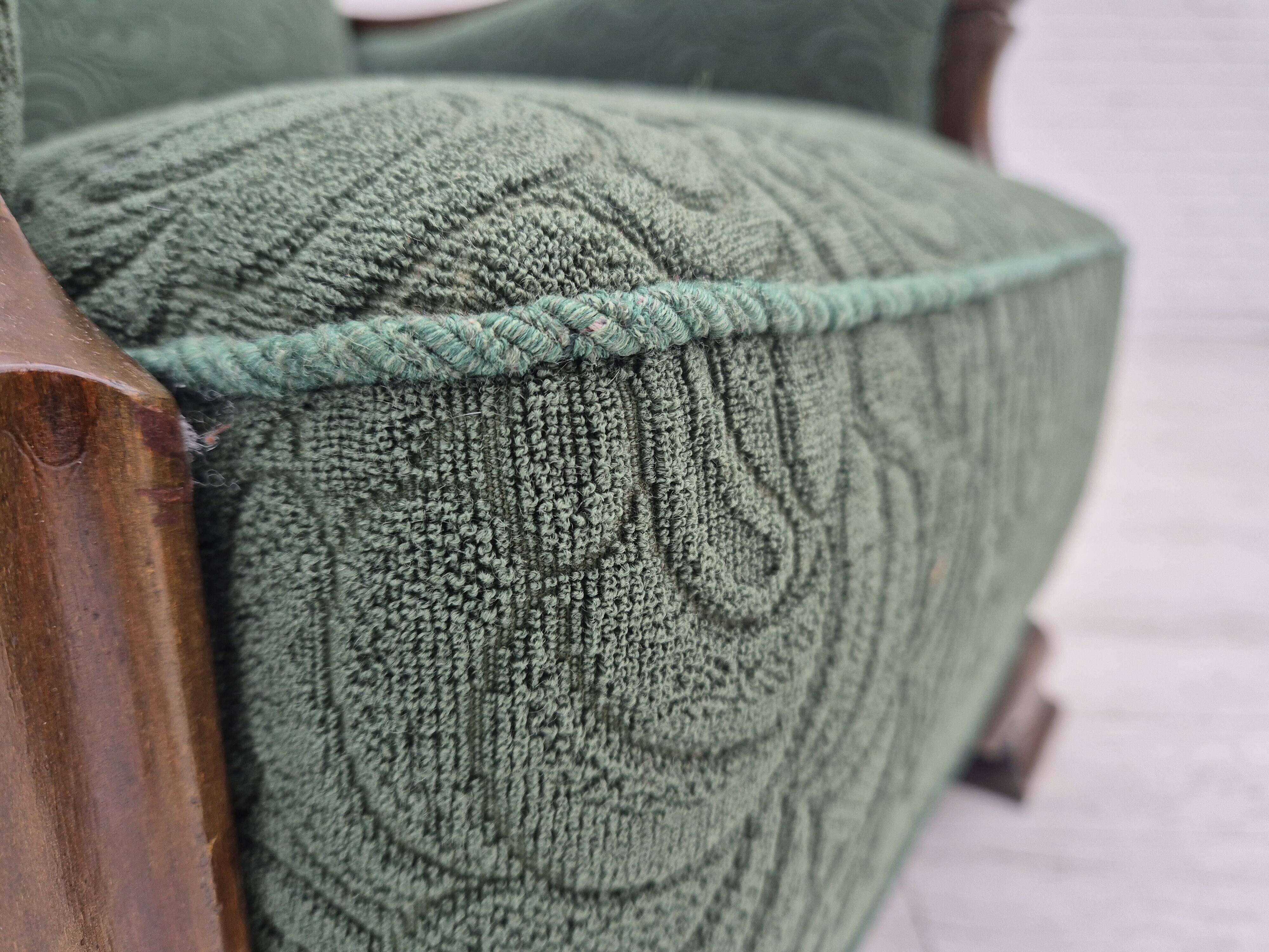 1950s, Danish relax chair, green furniture blend wool fabric, beech wood.
