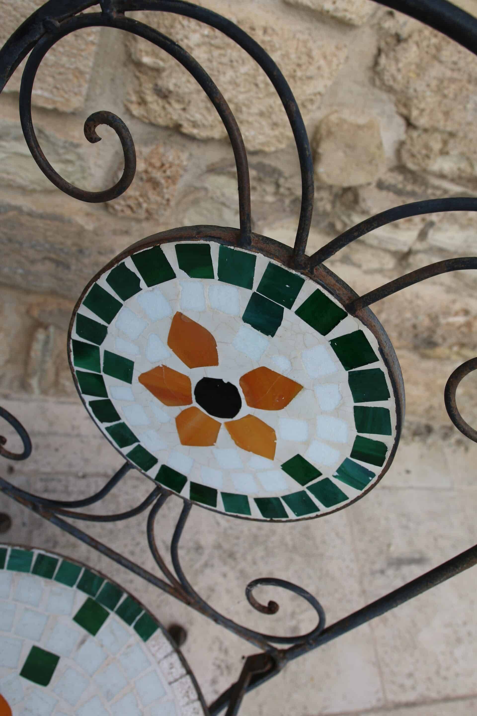 Chaise de jardin pliante fer forgé et mosaïque
