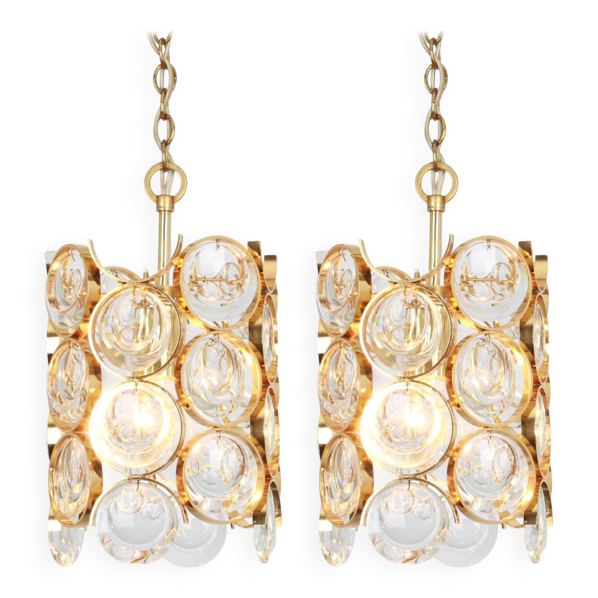 Pair of small golden brass pendants, Sciolari design for Palwa, Germany, 1970s.