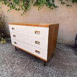 1970s chest of drawers in oak, brass and off-white veneer