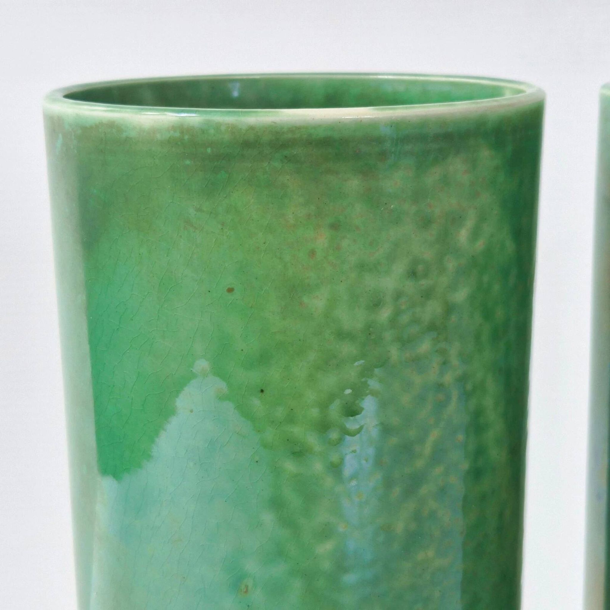 Pair of vintage 1950 rolled vases green ceramic signed 50s 1950s