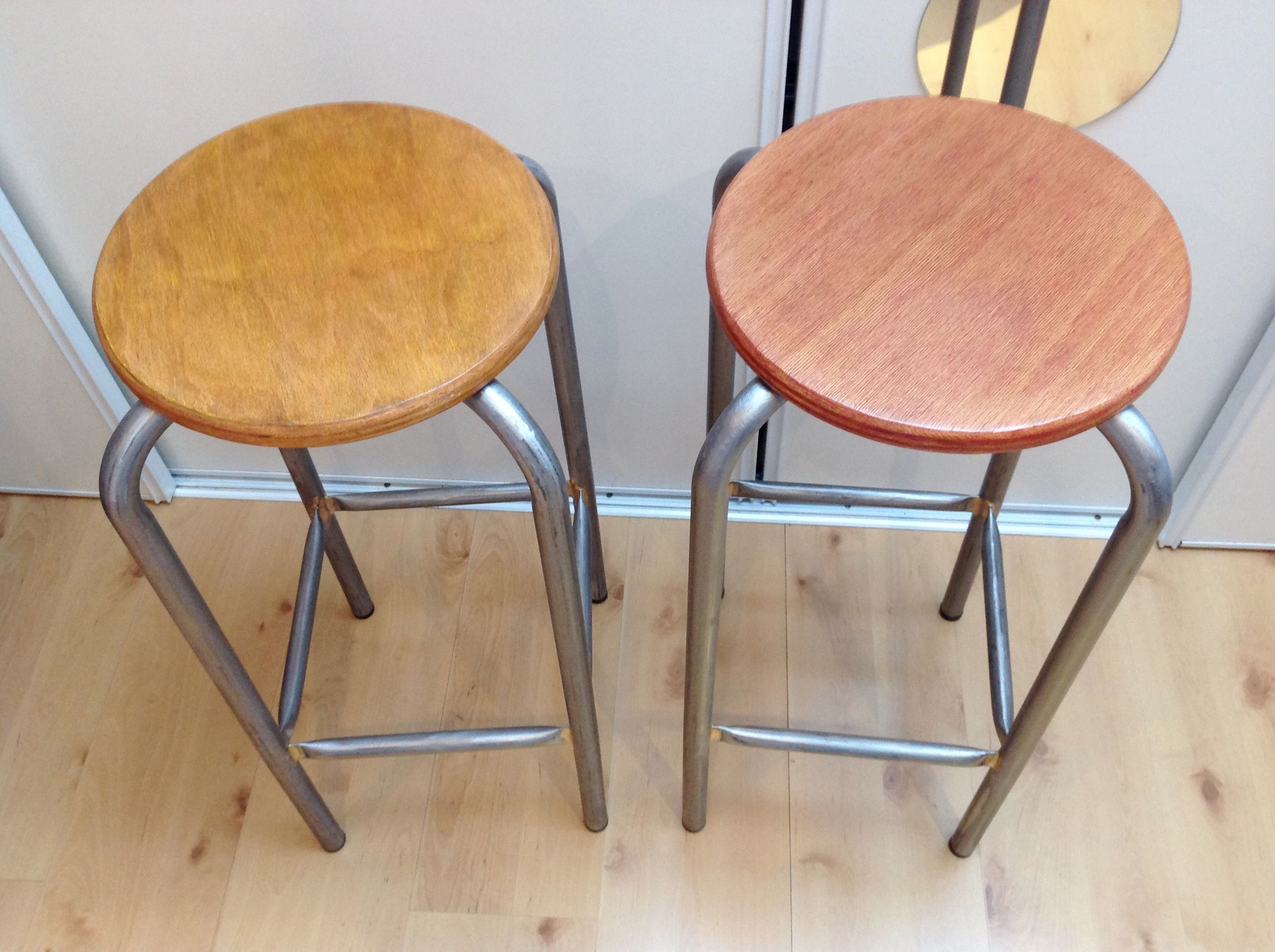 Pair of high wooden stools and metal industrial style 60/70