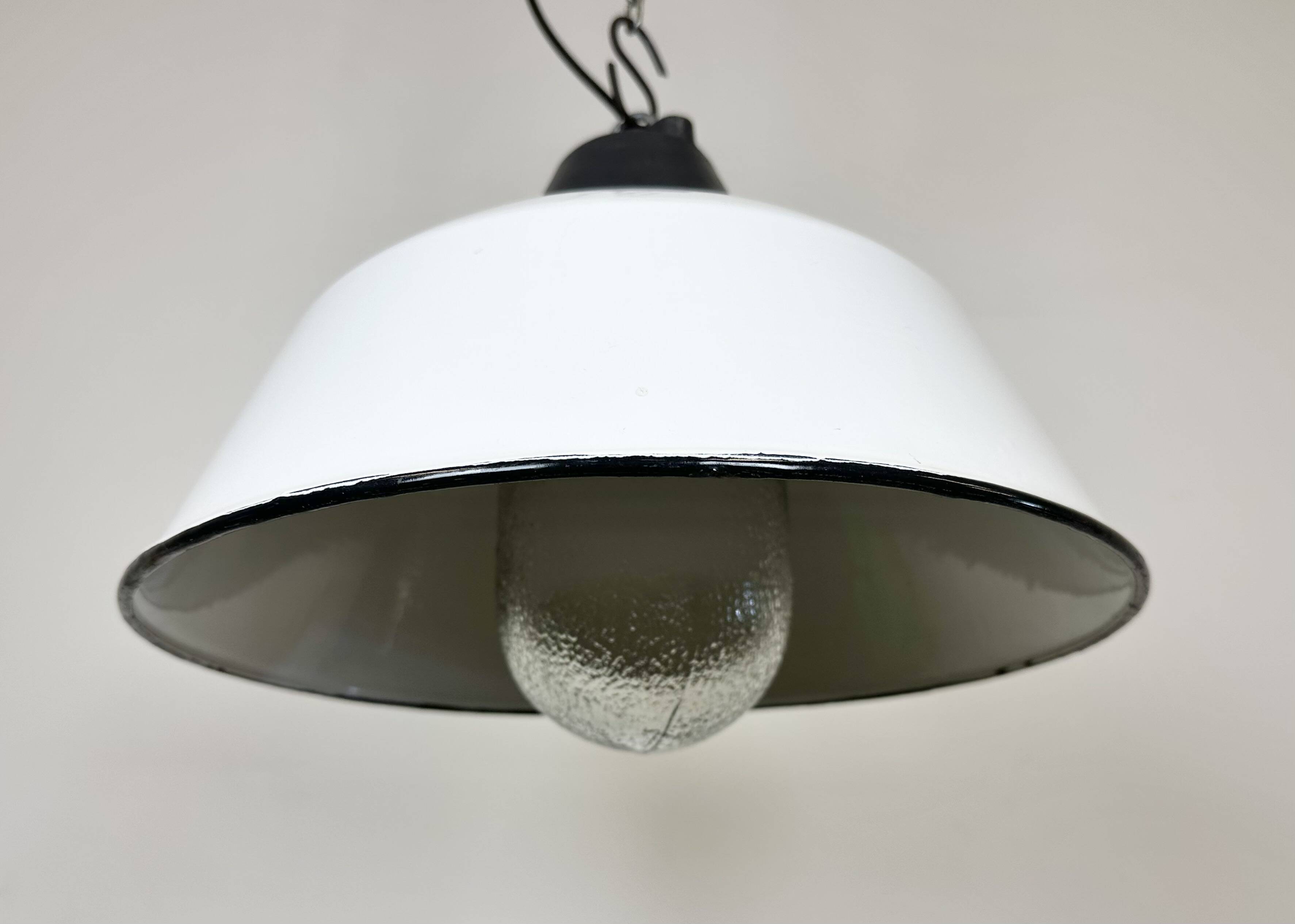 White enamel and cast iron industrial pendant light with glass cover, 1960s
