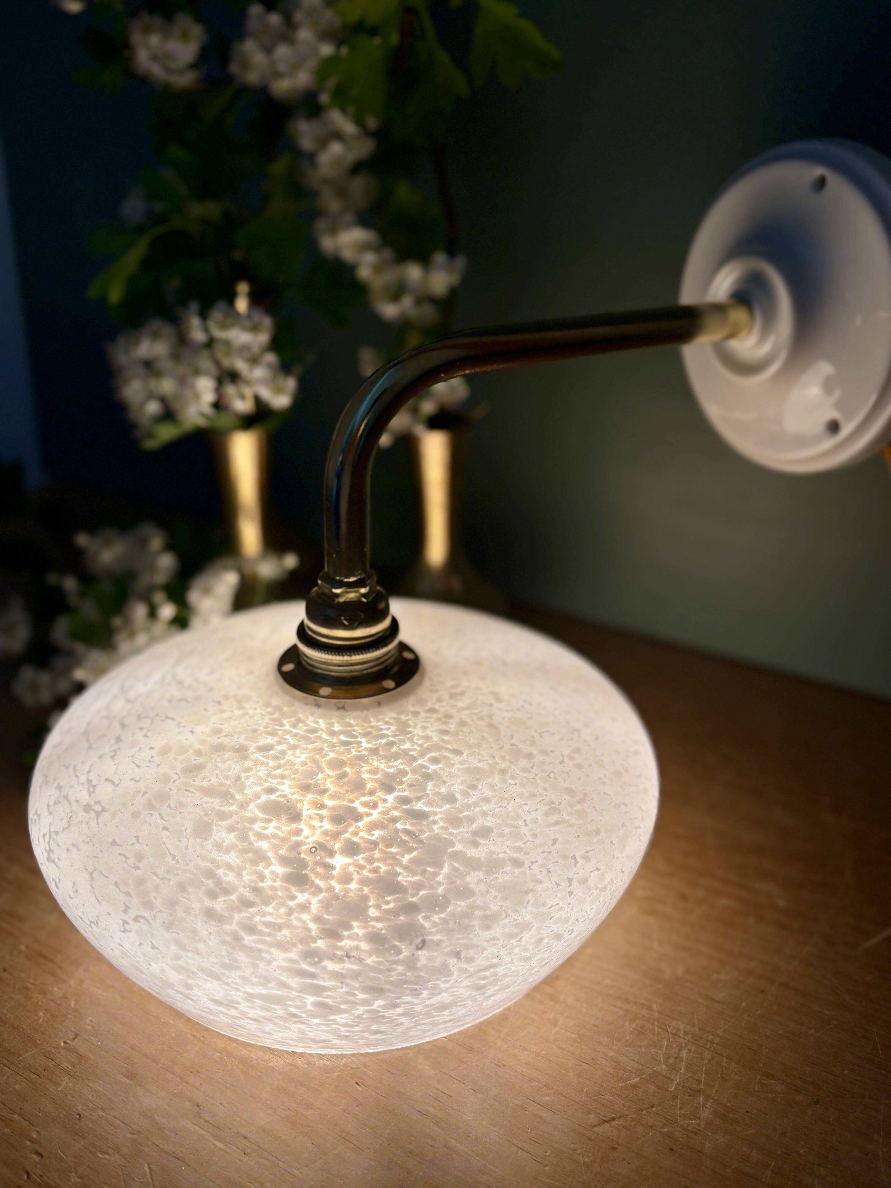 Vintage glass wall lamp with a curved arm from Clichy, white.