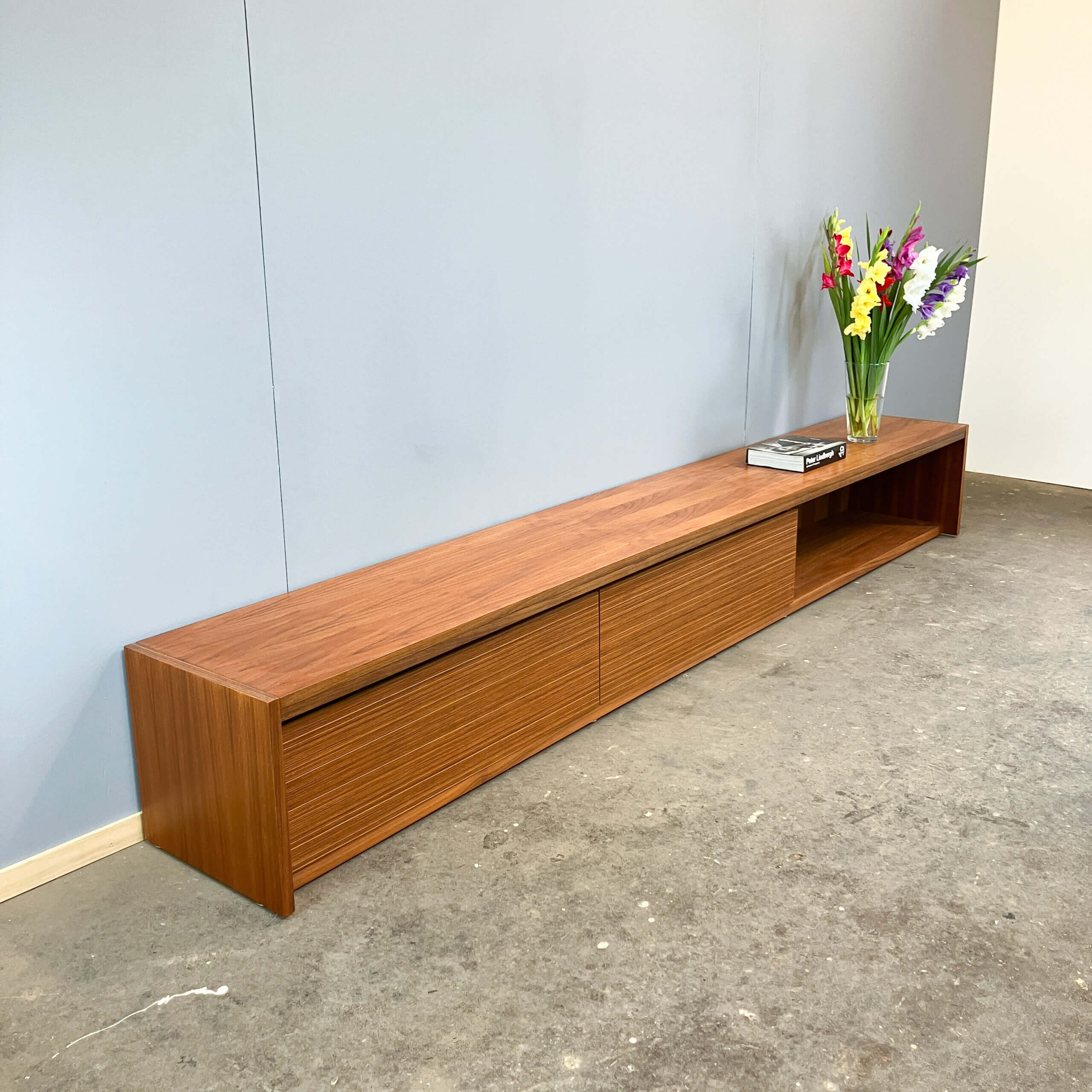 Minimalist XL lowboard, walnut and zebrano, 1960s