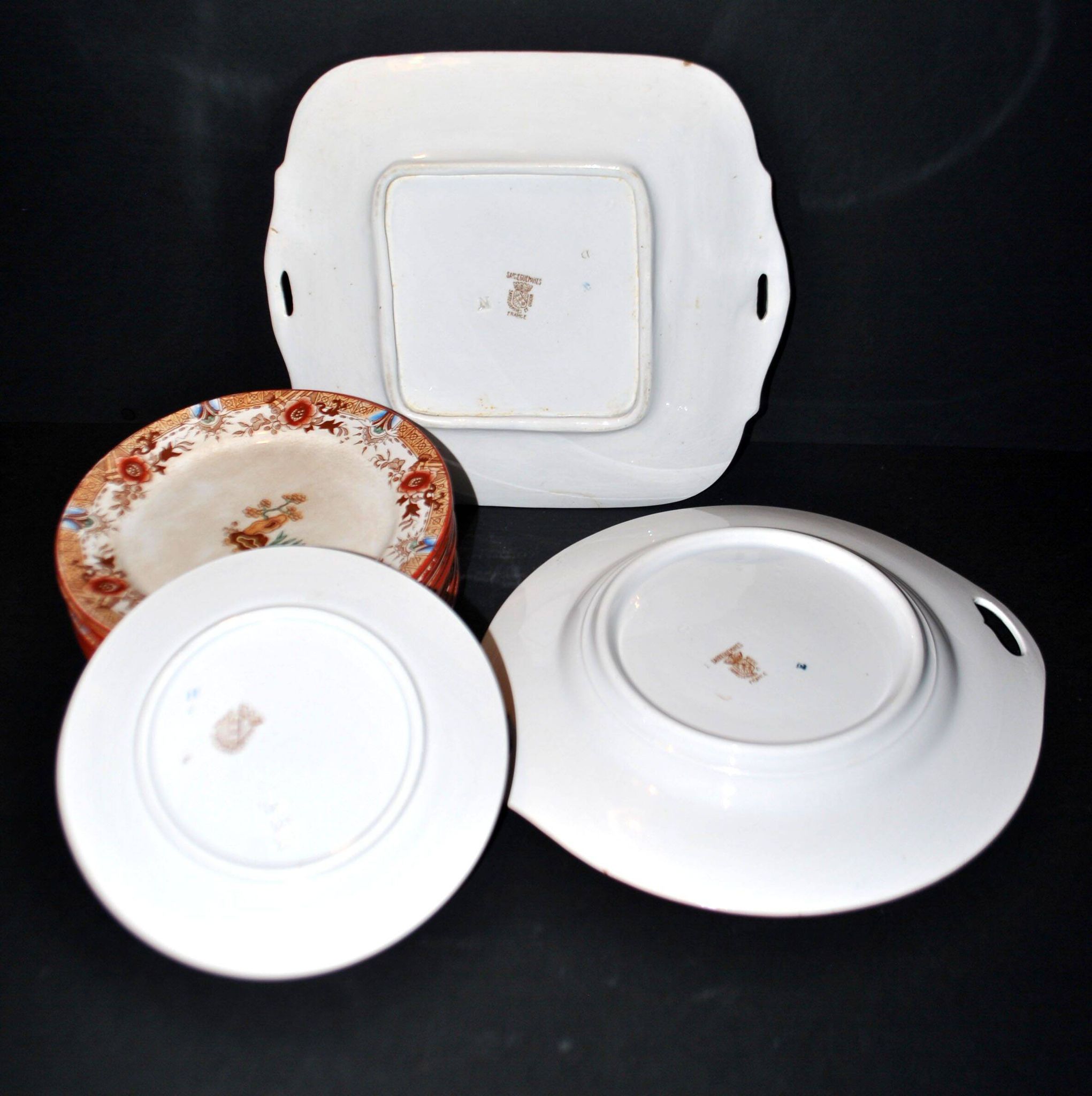 Sarreguemines dessert service 12 plates opaque earthenware bamboo polychrome Asian Chinese decor